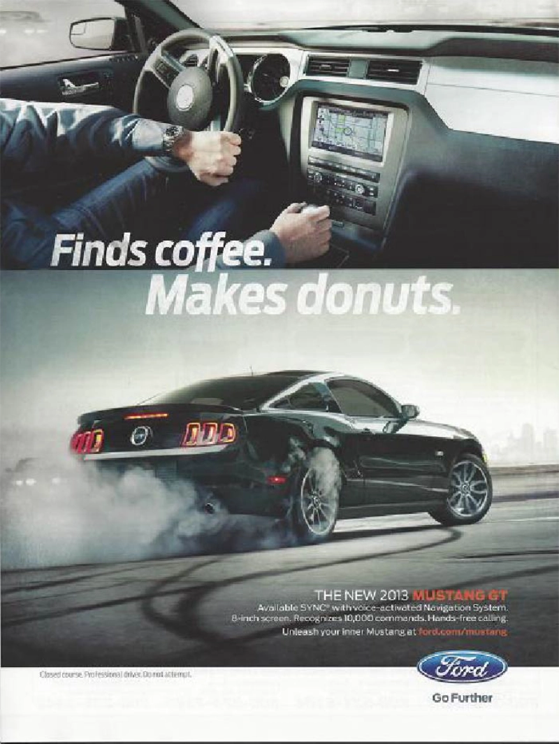 2013 Ford Mustang vintage auto ad; Finds coffee, makes donuts